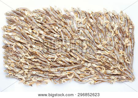Plenty Of Small Dried Fish And Shrimp Mixed From Sea That Are Arranged In Group,top View Of Small Dr