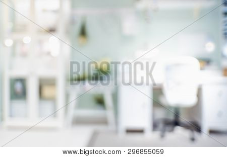 Blur Desk At Workplace Home Office Background With Bokeh Light.work At Home Lifestyle Backdrop.