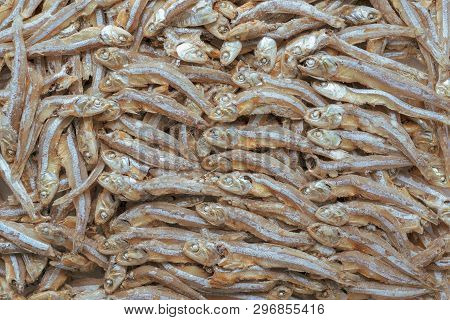 Plenty Of Small Dried Fish From Sea That Are Arranged In Group,top View Of Small Dried Fish Pattern,