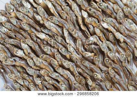 Plenty Of Small Dried Fish From Sea That Are Arranged In Group,top View Of Small Dried Fish Pattern,