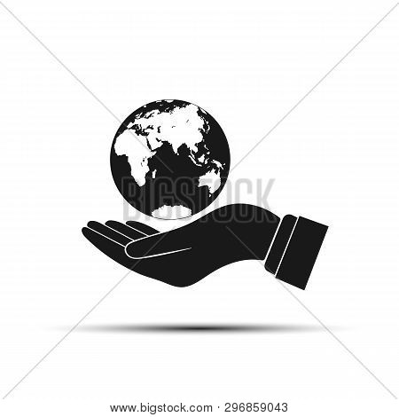 Hand With Outstretched Palm Holds The Globe, The Globe Above The Outstretched Palm, Flat Design