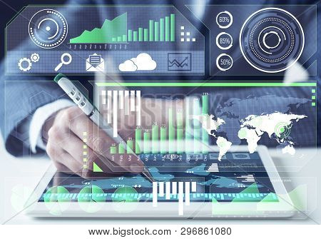 Businessman Analysis Trading Diagram At Tablet Computer. Statistical Model Prediction To Provide Ins