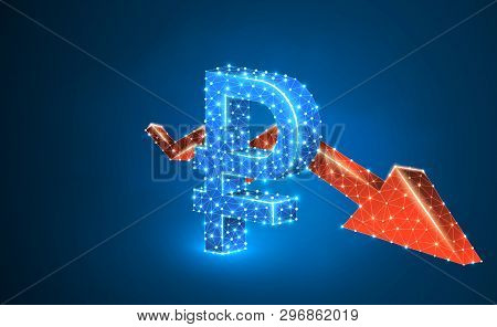 Russian Ruble Currency, Downtrend Red Arrow, Digital, Blue, Neon 3d Illustration. Polygonal Vector B