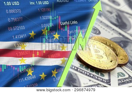 Cabo Verde Flag And Cryptocurrency Growing Trend With Two Bitcoins On Dollar Bills
