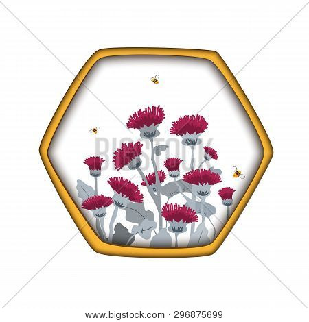 Vector Template Label With Hand Draw Thistles And Bees In Hexagon Honey Comb. Design For Honey Label