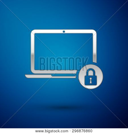 Silver Laptop And Lock Icon Isolated On Blue Background. Computer And Padlock. Security, Safety, Pro