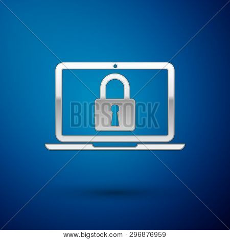 Silver Laptop And Lock Icon Isolated On Blue Background. Computer And Padlock. Security, Safety, Pro