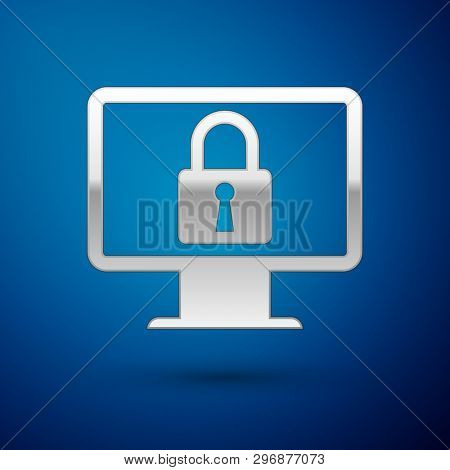 Silver Lock On Computer Monitor Screen Icon Isolated On Blue Background. Monitor And Padlock. Securi