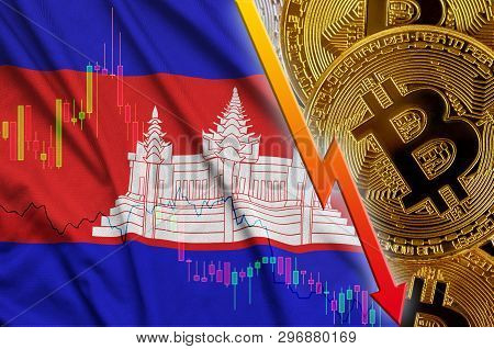 Cambodia Flag And Cryptocurrency Falling Trend With Many Golden Bitcoins
