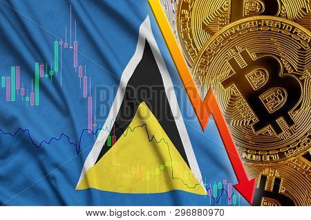 Saint Lucia Flag And Cryptocurrency Falling Trend With Many Golden Bitcoins