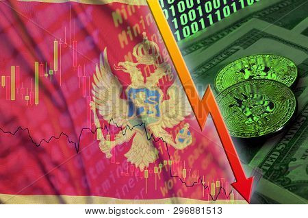 Montenegro Flag And Cryptocurrency Falling Trend With Two Bitcoins On Dollar Bills And Binary Code D