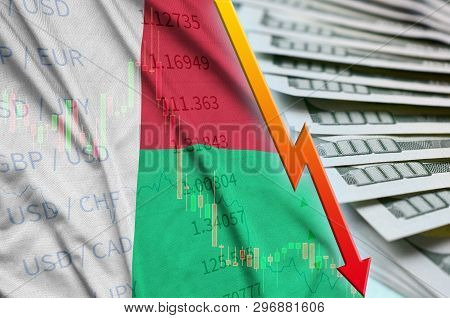 Madagascar Flag And Chart Falling Us Dollar Position With A Fan Of Dollar Bills