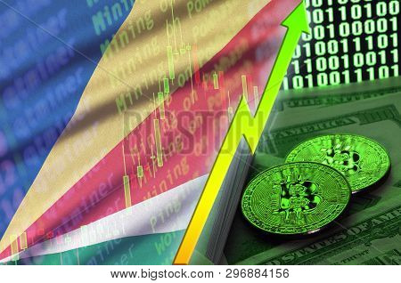 Seychelles Flag And Cryptocurrency Growing Trend With Two Bitcoins On Dollar Bills And Binary Code D
