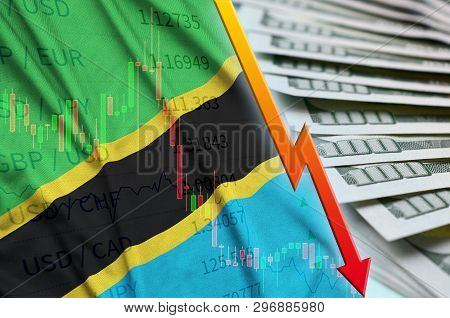 Tanzania Flag And Chart Falling Us Dollar Position With A Fan Of Dollar Bills