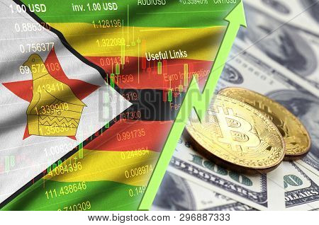 Zimbabwe Flag And Cryptocurrency Growing Trend With Two Bitcoins On Dollar Bills