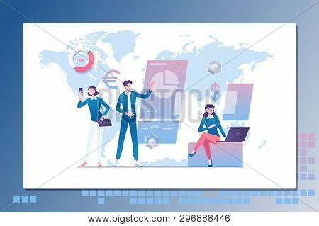 Leadership. Business Lading Team.people Work In A Team And Interact With Graphs.flat Vector Illustra