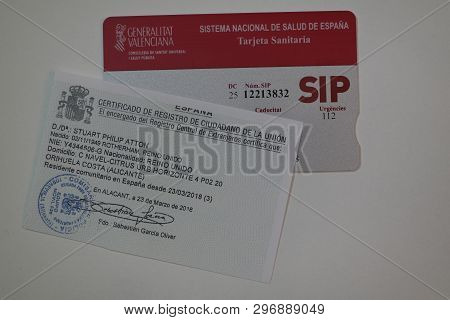 Torrevieja, Spain - Mar 22 2019 : Sip Health Card And Residencia Of Spain On White Background