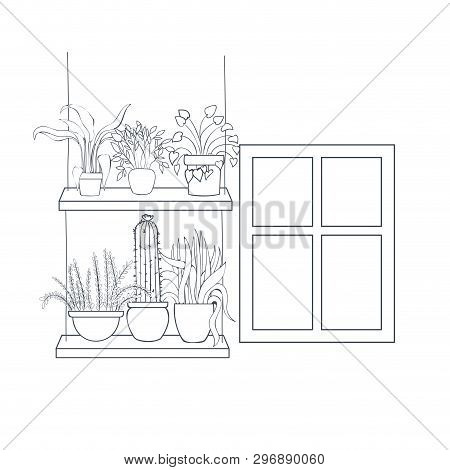 Houseplants With Potted On Shelf Isolated Icon Vector Illustration Design