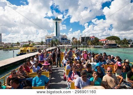 Cancun , Mexico- Nov 22, 2015: People on the ferry crossing from the Cancun port of the Isla Mujeres , Mexico.