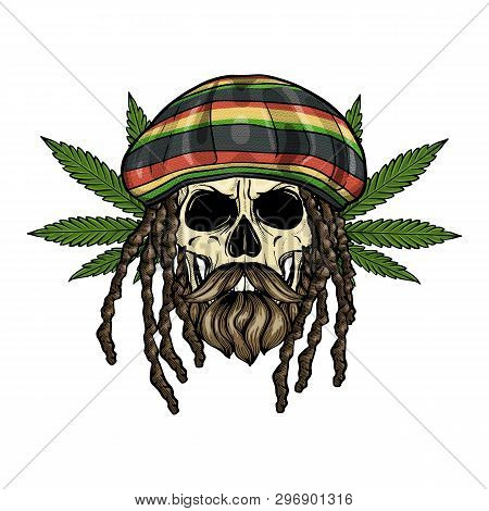 Hand Drawn Sketch, Color Skull With Dreadlocks, Rastaman Hat, Beard And Mustaches And Hemp Leaf