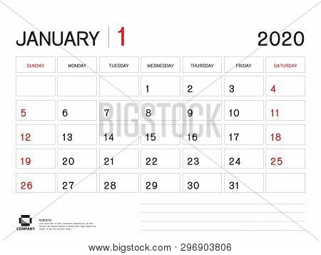 January 2020 Year Template, Calendar 2020 Vector, Desk Calendar Design, Week Start On Sunday, Planne