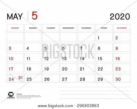 April 2020 Year Template, Calendar 2020 Vector, Desk Calendar Design, Week Start On Sunday, Planner,