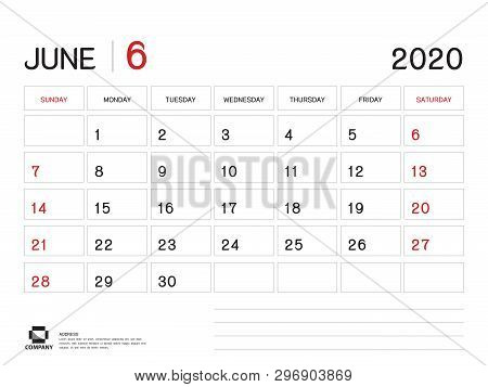June 2020 Year Template, Calendar 2020 Vector, Desk Calendar Design, Week Start On Sunday, Planner, 