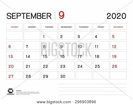 September 2020 Year Template, Calendar 2020 Vector, Desk Calendar Design, Week Start On Sunday, Plan