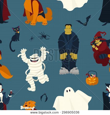 Halloween Seamless Pattern With Funny Scary Magic Characters On Dark Background - Ghost, Vampire, Mu