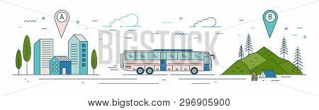 Modern Web Banner Template With Bus Riding From Start Point Towards Tourist Camp At Finish Point. To