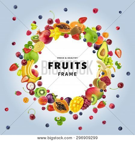 Fruits Isolated On White Background, Round Frame Made Of Different Flying Fruits And Berries, With C