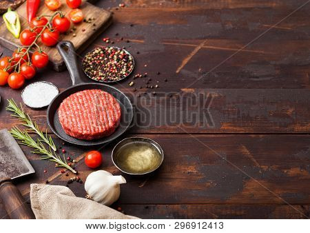 Fresh Raw Minced Homemade Farmers Grill Beef Burger In Frying Pan With Spices And Herbs And Meat Hat