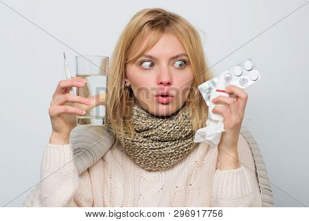 Tolerating The Drug Well. Ill Woman Treating Symptoms Caused By Cold Or Flu. Unhealthy Woman Holding