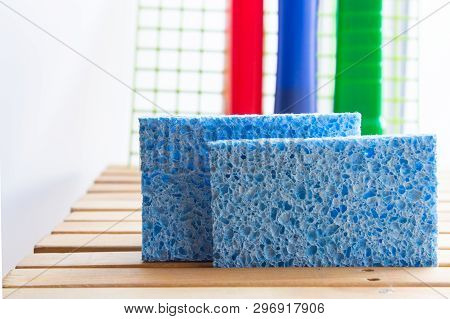 Blue Harmless Sponges From Cellulose With Detergents. Healthy  Washing Dishes.