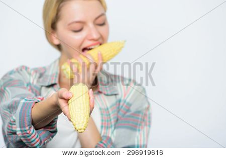 Summer Vacation. Corn Crop. Vitamin And Dieting Food. Happy Woman Eating Corn. Vegetable Harvest. Ag