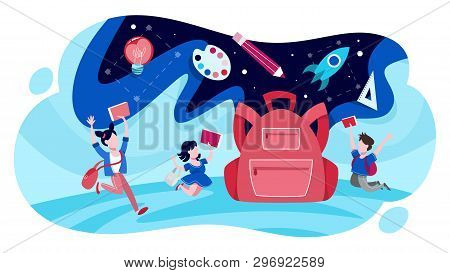 Big Backpack And School Chidlren Around. Idea Of Education