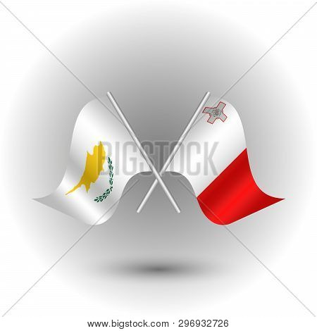 Vector Two Crossed Cypriot And Maltese Flags On Silver Sticks - Symbol Of Cyper And Malta