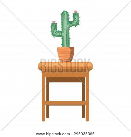 Cactus With Potted On The Table Icon Vector Illustration Design