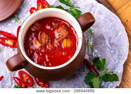 Goulash Traditional Homemade European Beef Meat Stew Soup, Hungarian Bograch, Close-up, On Wooden Ta