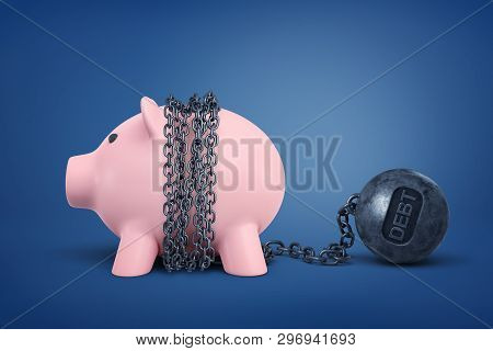 3d Rendering Of Piggy Bank Chained With Metal Debt Ball On Blue Background