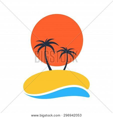 Summer Holidays. Tropical Summer Vacation. Sun With Palm Trees On Beach. Template Design For Travel,