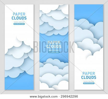 Clouds 3d Vector Banner Template Set. Papercut Abstract Vertical Posters Pack. Origami Sky Backdrop.