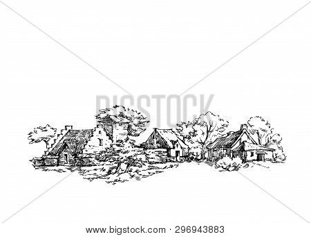 Rural Sketch Andscape. Vector Illustration. Ink Hand Drawing Landscape.