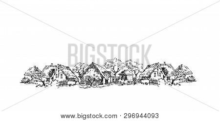 Rural Sketch Andscape. Vector Illustration. Ink Hand Drawing Landscape.