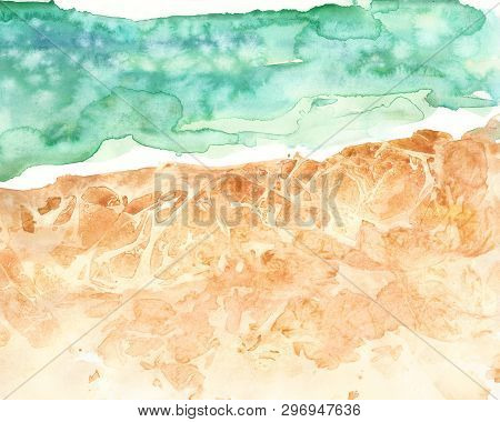 Aerial View Of A Beach And Sea, Hand Painted Illustration. Watercolor Texture Of Oceanwaves And Sand
