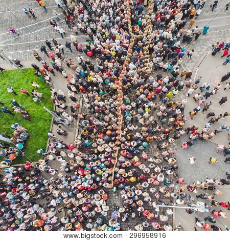 Lviv, Ukraine - October 7, 2018: Aerial View Religious Procession At City Streets. Nuns And Monks