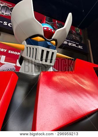 Osaka, Japan - Apr 2019 - Close Up Of Vintage Statue Of Amazing Mazinger Z Robot In Toys Shop.