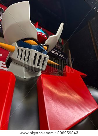 Osaka, Japan - Apr 2019 - Close Up Of Vintage Statue Of Amazing Mazinger Z Robot In Toys Shop.