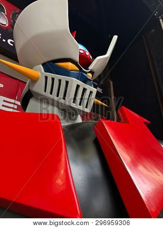 Osaka, Japan - Apr 2019 - Close Up Of Vintage Statue Of Amazing Mazinger Z Robot In Toys Shop.