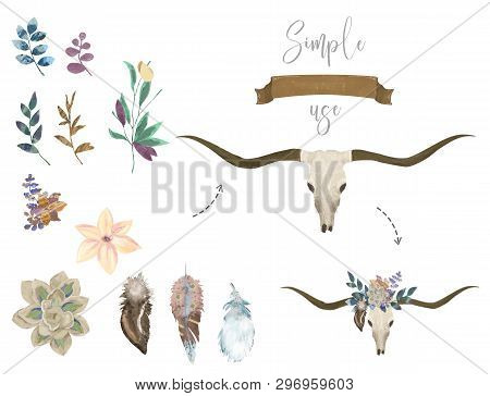 Bohemian Watercolor Western Mystical Bull Skull, Print Rose Flowers. Deer Bohemian Head, Western Vin